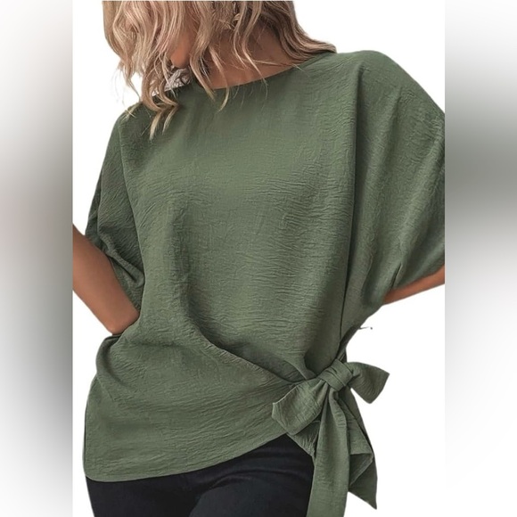 Amazon Tops - Army‎ Green Women's Short Sleeve Top with Tie Size L